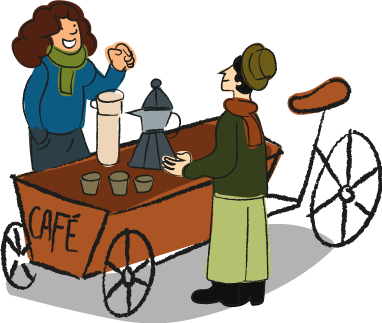 Illustration d'un vélo cargo proposant du café